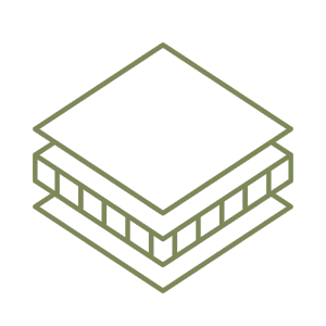 Outline drawing of a layered square structure with a grid-like pattern on one side.