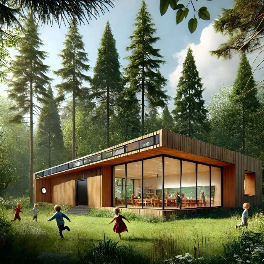 Modern house with large glass windows surrounded by tall trees and children playing outside in a wooded area.