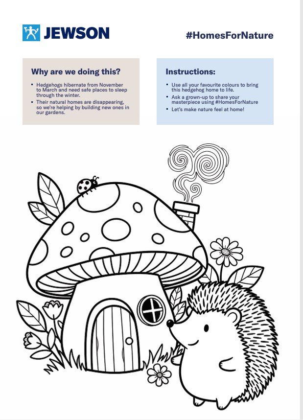 Black and white line drawing of a whimsical mushroom house with a door, round window, and smoke coming out of a chimney, surrounded by flowers and leaves, with a cute hedgehog and ladybug nearby.