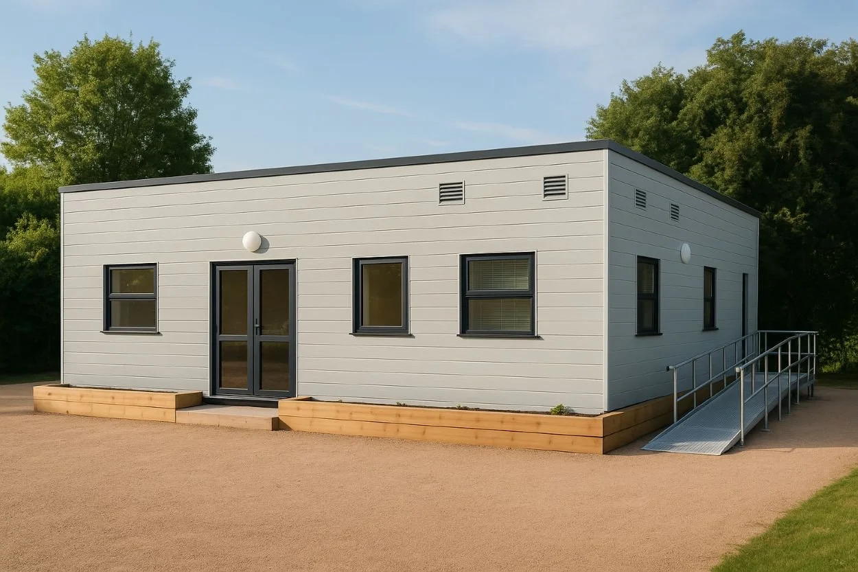 Modern, single-story building with gray siding, black-framed windows, and a ramp for accessibility, surrounded by green trees and a dirt ground.