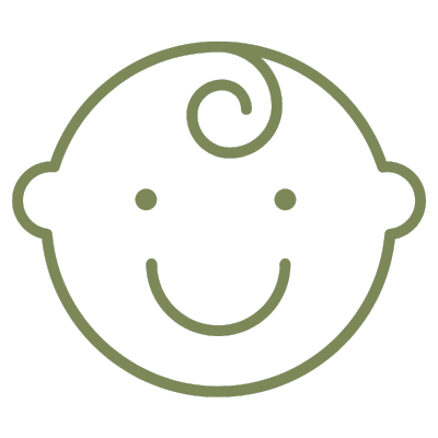 Simple line drawing of a smiling baby face with a swirl of hair on top.