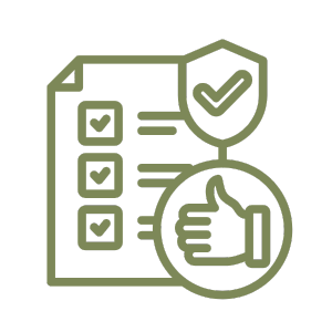 Checklist with four items and a thumbs-up icon, shield with checkmark, indicating approval or verification.