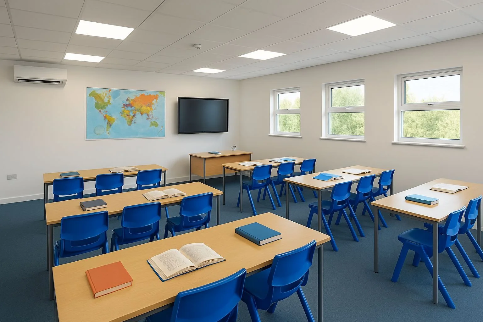 Empty classroom with wooden desks, blue chairs, open books and notebooks on the desks, a world map on the white wall, a large TV screen, and windows letting in natural light.