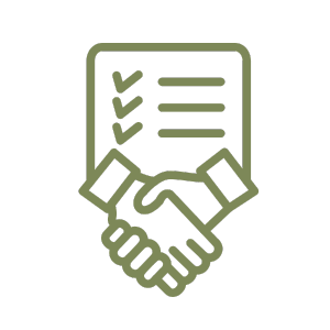 Icon of two hands shaking with a document and checkmarks in the background, representing agreement or partnership.
