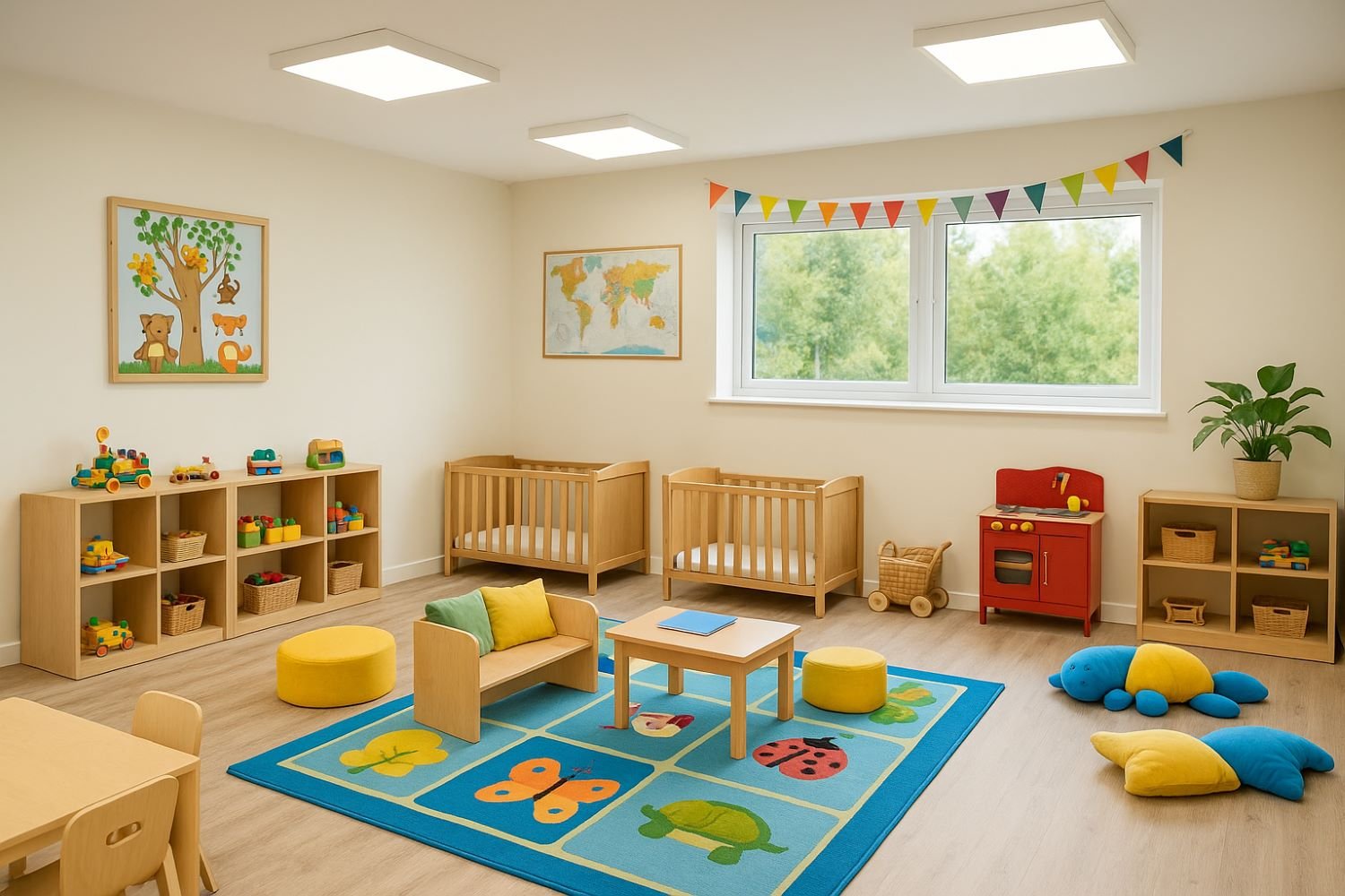 Empty children's playroom with wooden cribs, colorful toys, a blue and green butterfly-themed rug, plush pillows shaped like bugs, and posters on the wall, featuring a tree with animals, a world map, and a string of multicolored flags, with a large w