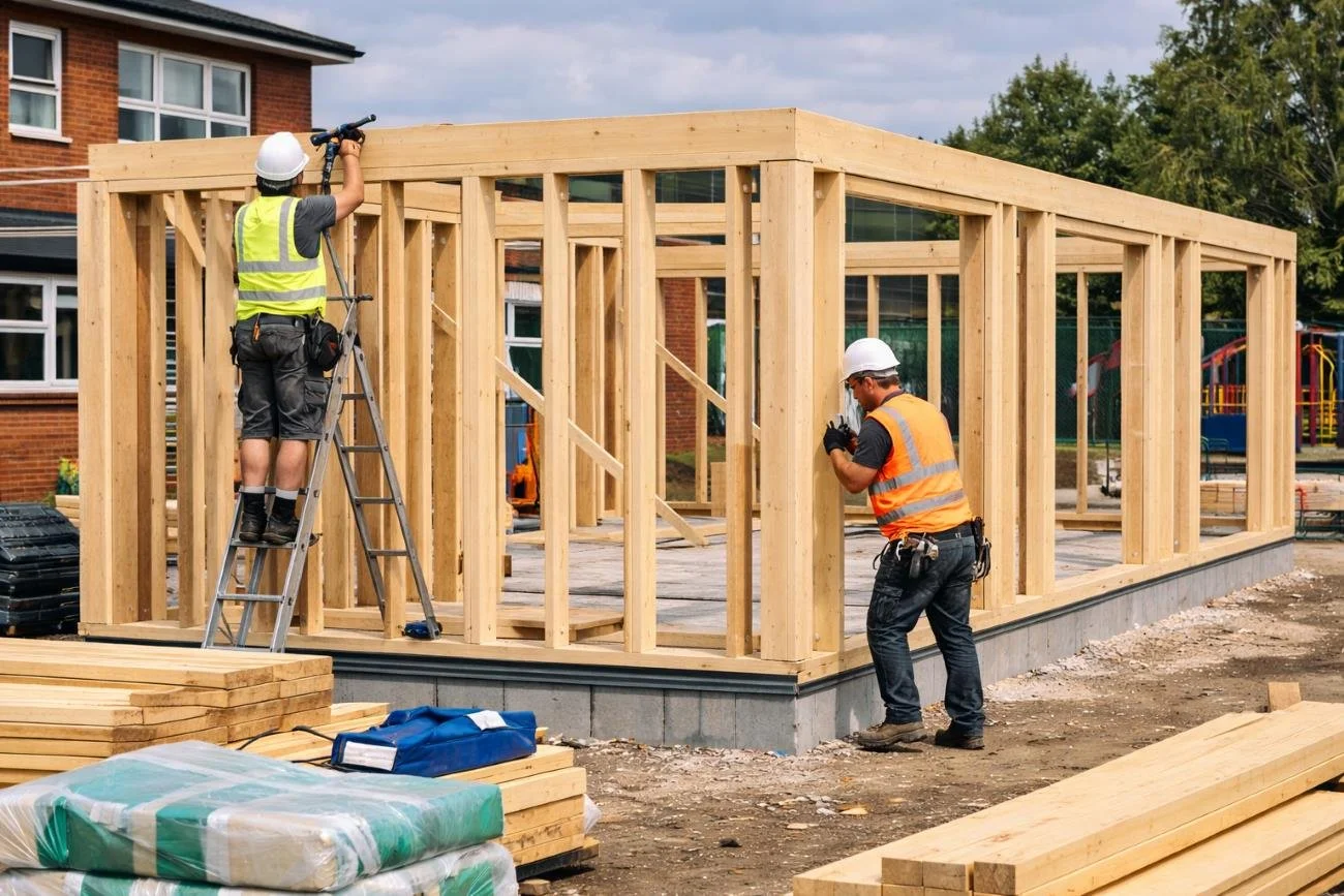 On-site timber-framed modular classroom construction in progress at a school, with contractors building the structure and visible progress on site.
