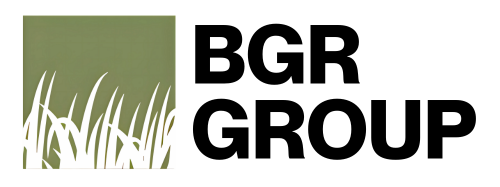 Logo with a green square background and white grass illustration next to black text reading 'BGR GROUP'.