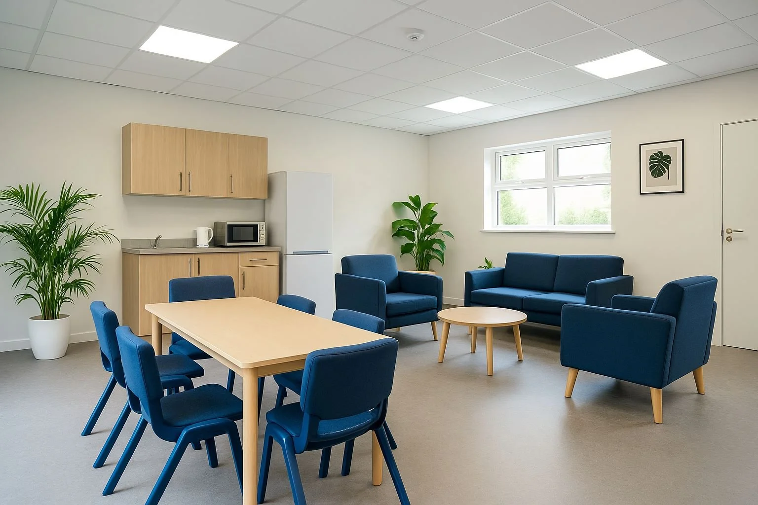 A modern office lounge area with a wooden dining table surrounded by six blue chairs, a sitting area with three blue armchairs and a blue sofa around a small round wooden coffee table, a kitchenette with wooden cabinets, a white refrigerator, a micro