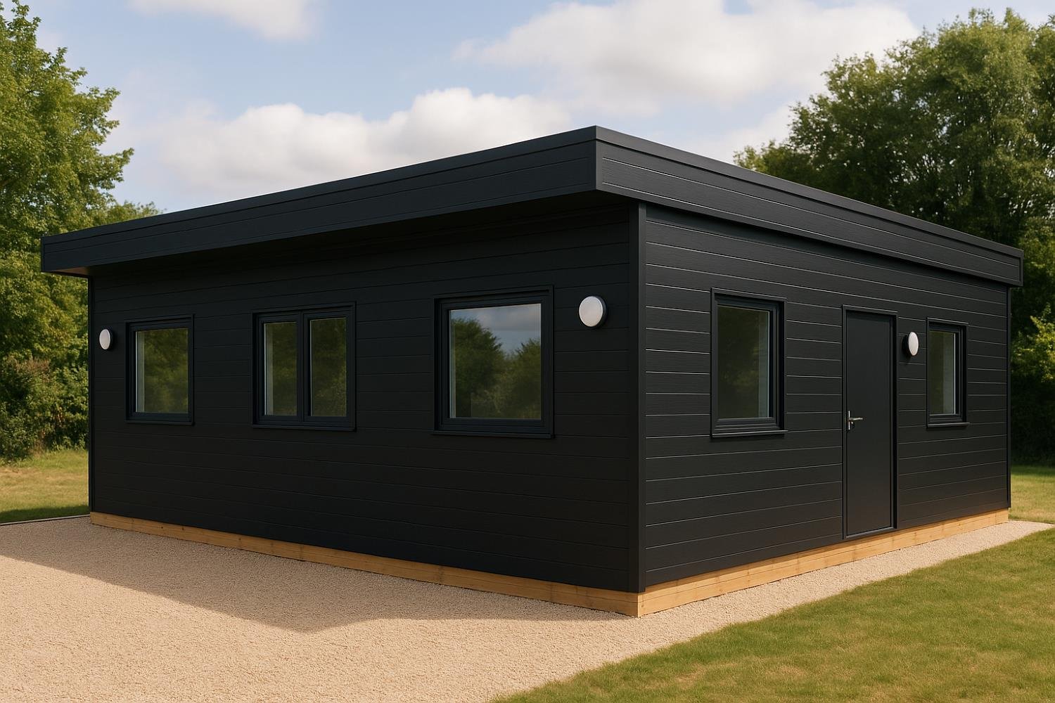 Black modern small house with wooden base, three windows, a door, and exterior lights on a grassy field with trees and blue sky in background