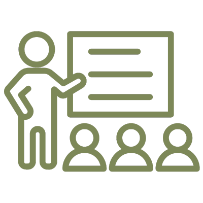 Icon of a person standing and pointing to a presentation board with three seated audience members watching.