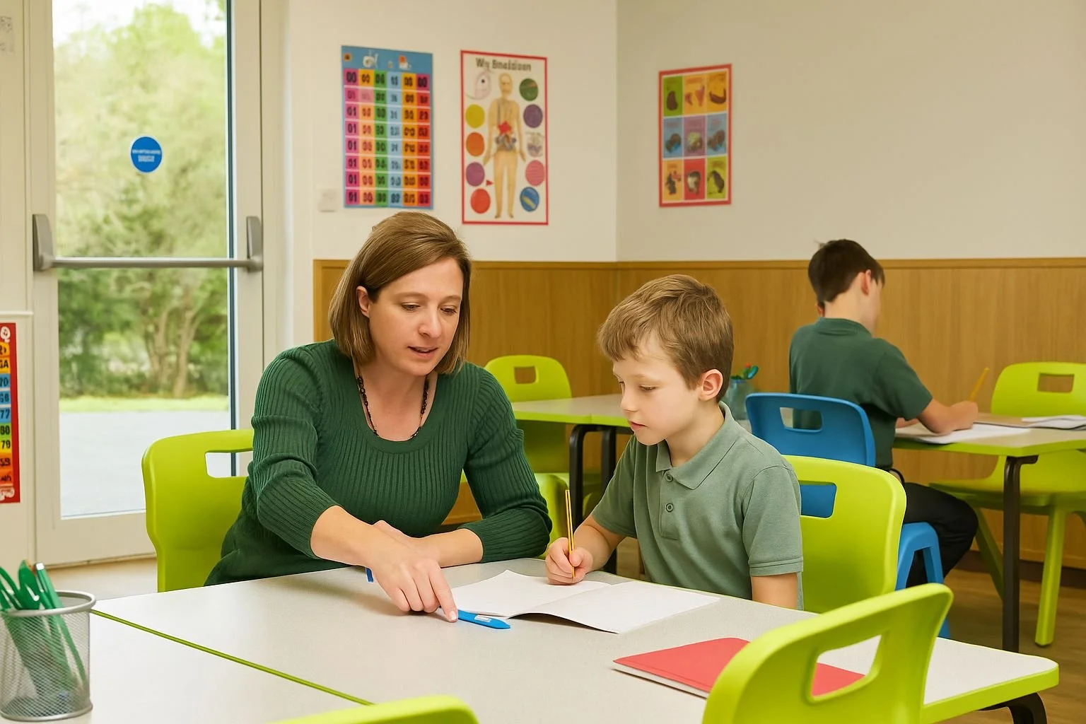A teacher sitting at a table with a young boy, assisting him with homework or a writing assignment in a classroom. There are classroom posters on the wall and a door with windows to the outside.