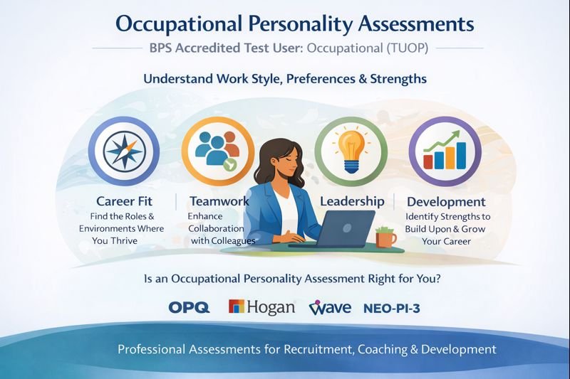 Diagram of occupational personality assessments highlighting four areas: Career Fit, Teamwork, Leadership, and Development, with icons and descriptions, and logos of OPQ, Hogan, Wave, and NEO-PI-3.
