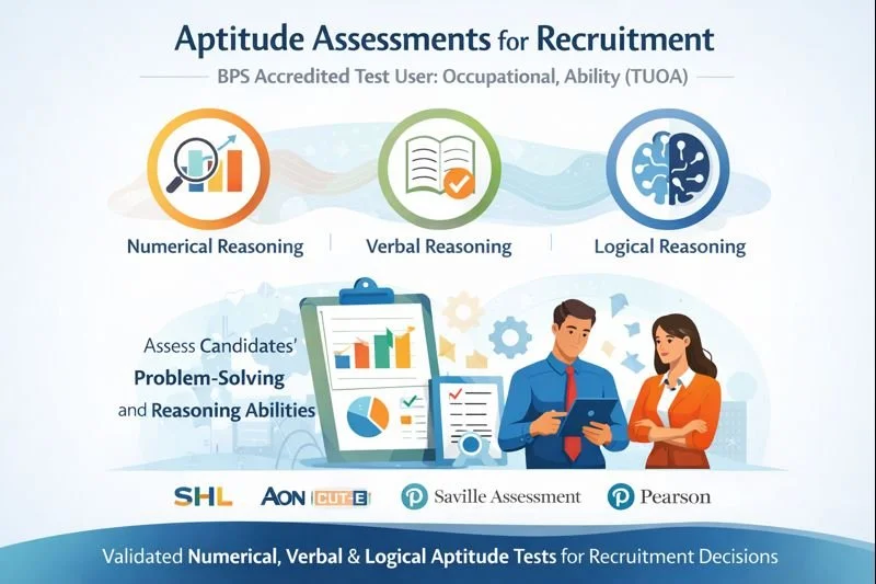 An infographic titled 'Aptitude Assessments for Recruitment' showing three types of aptitude tests: Numerical Reasoning, Verbal Reasoning, and Logical Reasoning. It features icons representing each test type and an illustration of a man and woman discussing recruitment assessments with graphs and charts. The infographic mentions assessment providers like SHL, AON, Cut-e, Saville Assessment, and Pearson, highlighting validated numerical, verbal, and logical aptitude tests for recruitment decisions.