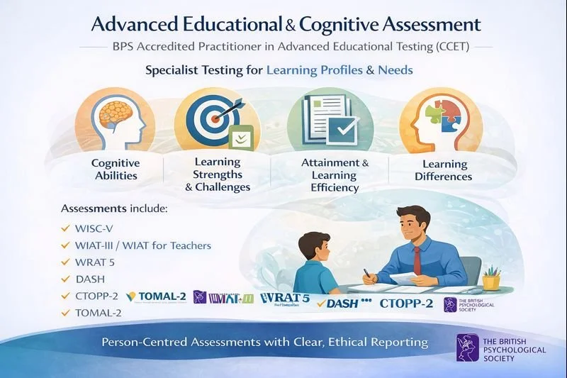 Infographic explaining advanced educational and cognitive assessments by The British Psychological Society, featuring icons for cognitive abilities, learning strengths and challenges, attainment and learning efficiency, and learning differences, plus a list of assessments including WISC-V, WIAT-III, WRAT 5, DASH, CTOPP-2, TOMAL-2, and others. Illustration of a psychologist and a young student at a desk.