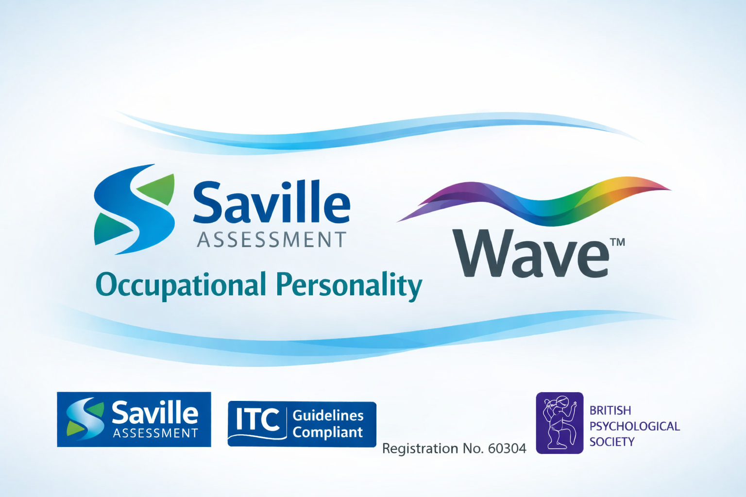 Image showing the Saville Assessment Wave Occupational Personality test logo, along with logos for Saville Assessment, ITC Guidelines, and British Psychological Society, with registration number 60304.