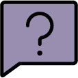 A speech bubble with a purple background and a question mark in the center.