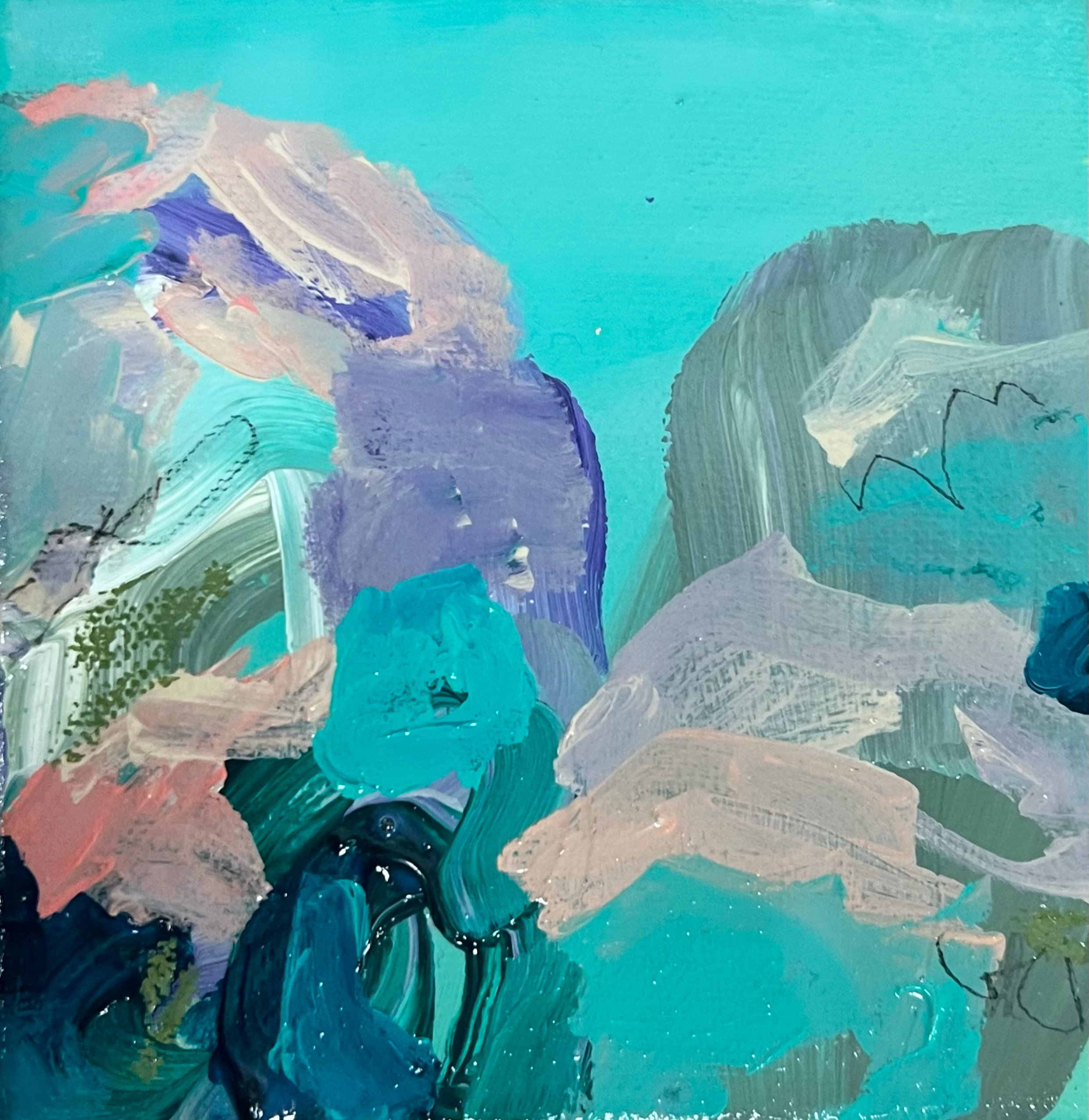 Abstract painting with blue, purple, white, pink, and green brushstrokes.