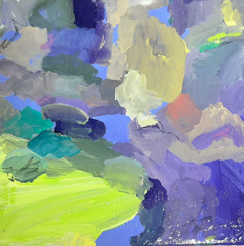 Abstract painting with vibrant colors including shades of purple, blue, green, yellow, and hints of red.