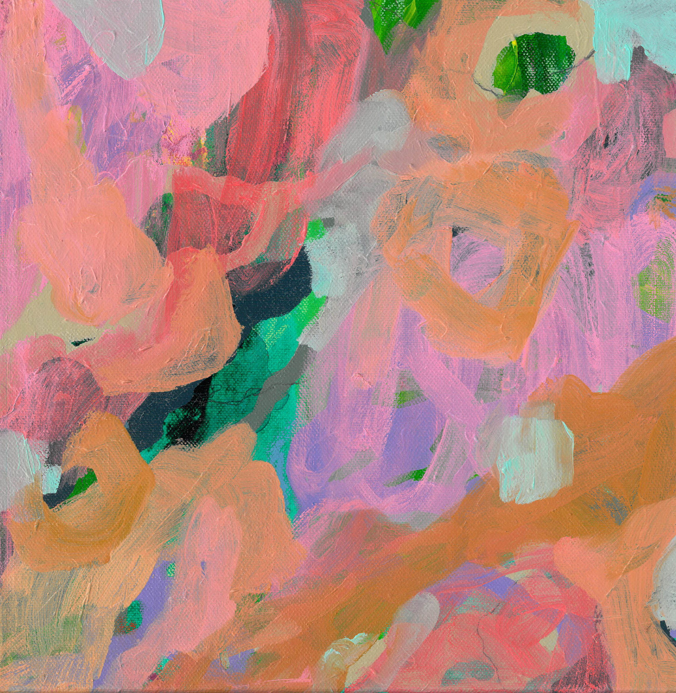 Abstract painting with pink, orange, purple, green, and black brushstrokes.