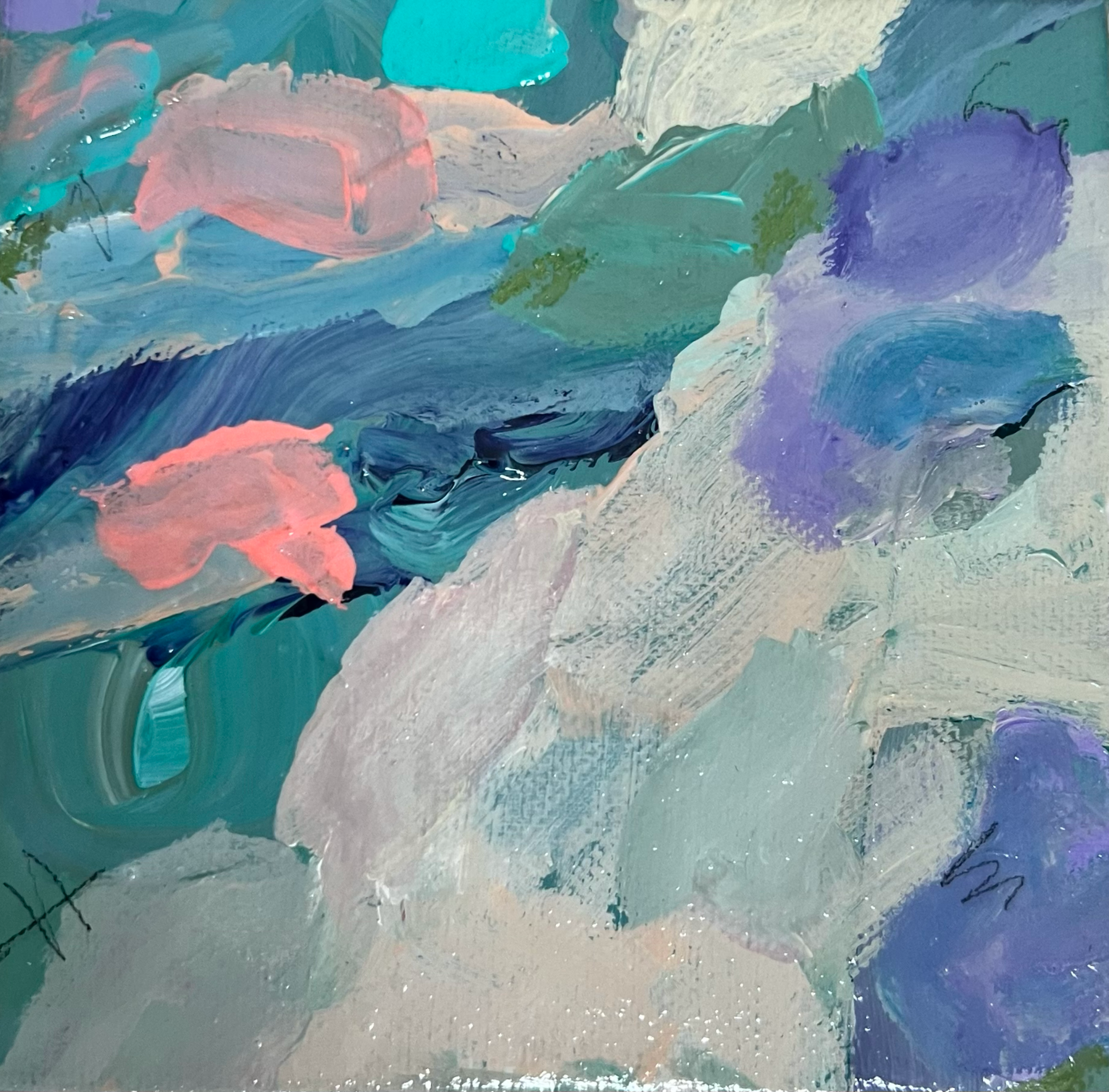 Abstract painting with various shades of blue, purple, pink, white, and green brushstrokes.