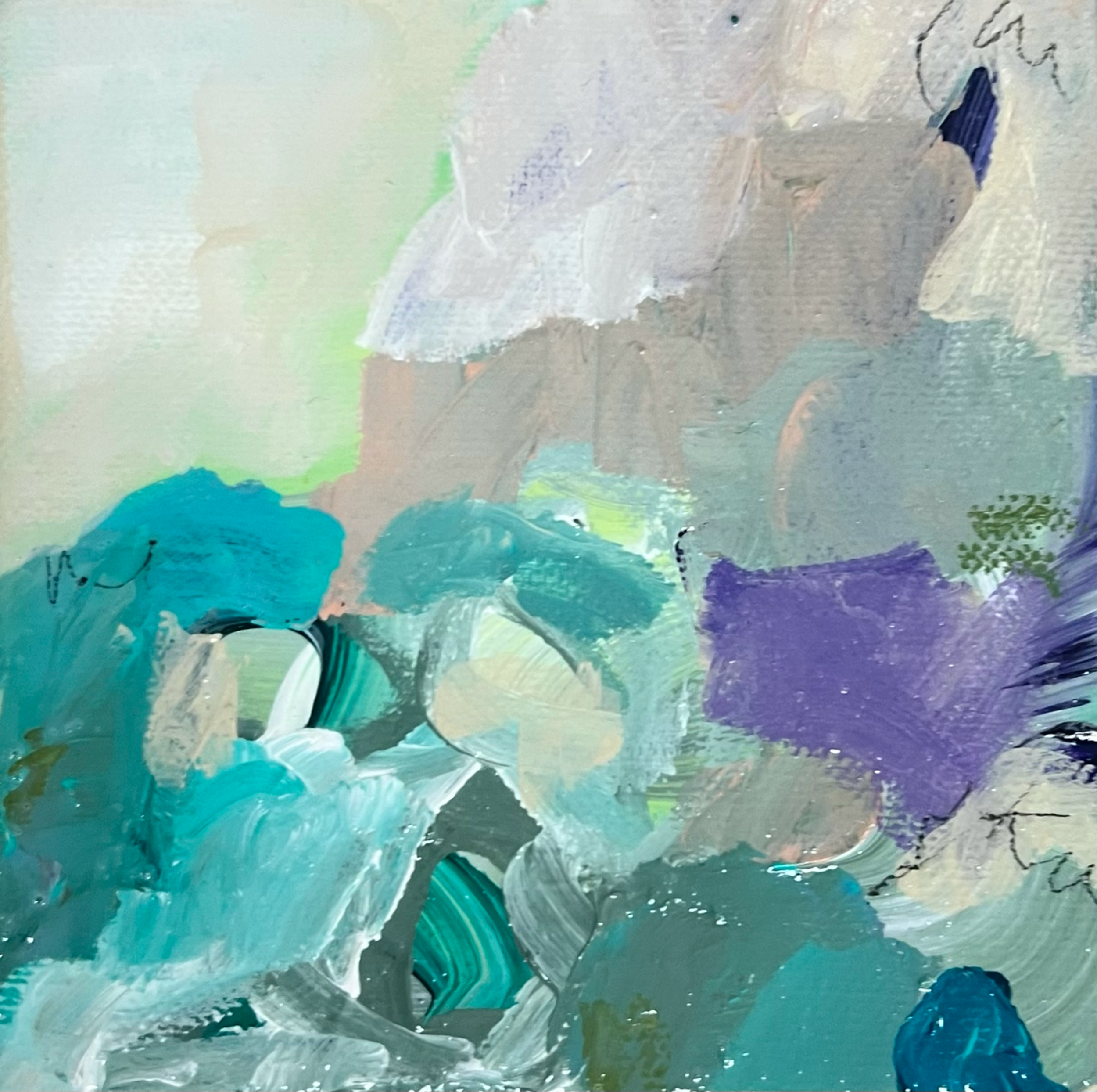 Abstract painting with shades of blue, purple, green, and beige, featuring broad, textured brushstrokes.