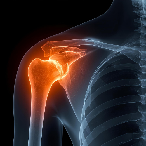 X-ray image of a human shoulder showing bones and shoulder joint.