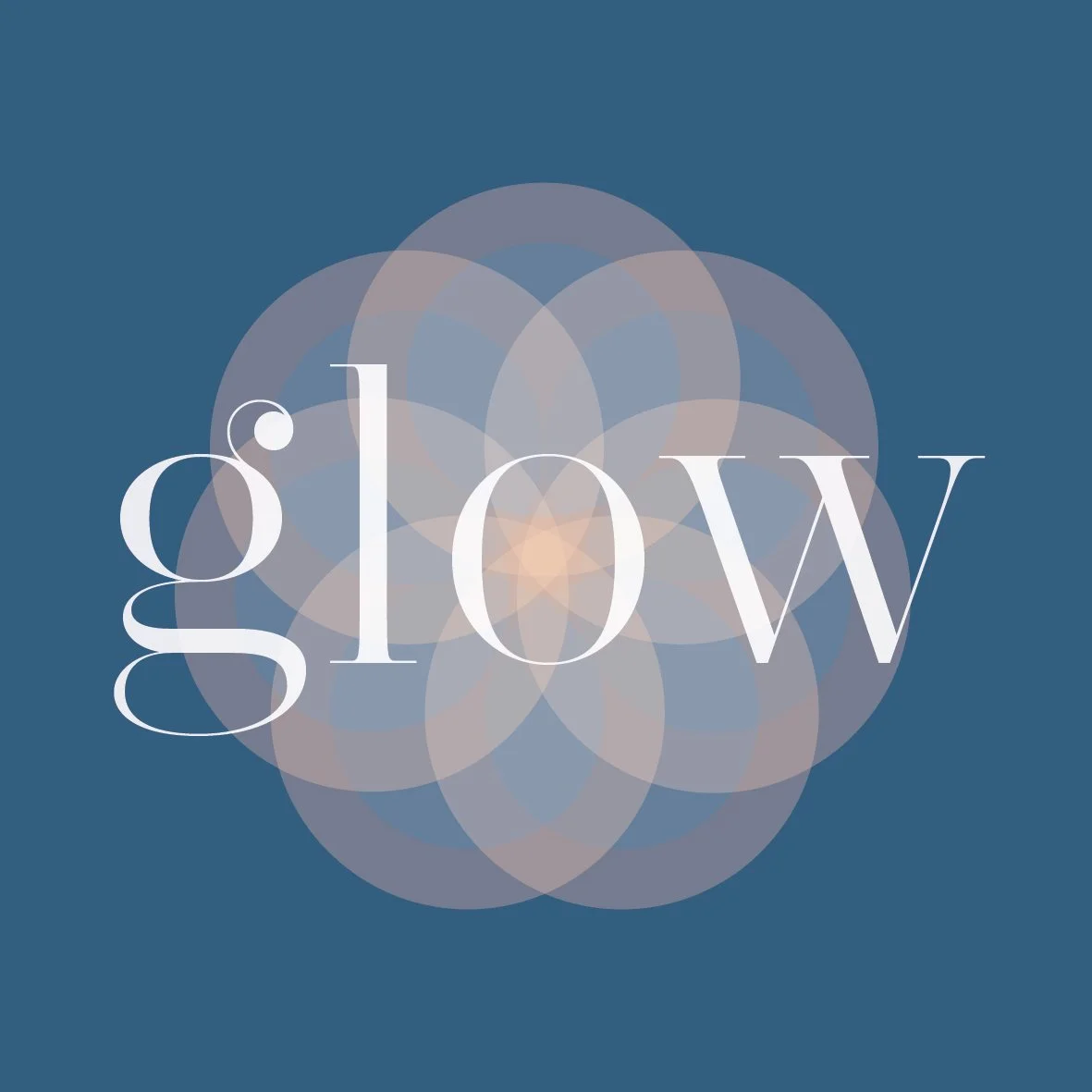The word 'glow' in white cursive font over a geometric, glowing, overlapping circular pattern on a blue background.