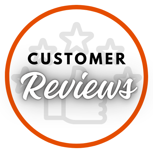 A circular badge with a white background and orange border, featuring the text 'Customer Reviews' with 'Customer' in bold black letters and 'Reviews' in cursive white letters. Light gray star and thumb icons are in the background.