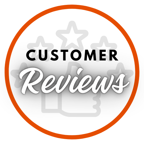 Badge with the words 'Customer Reviews' and star icons in the background.