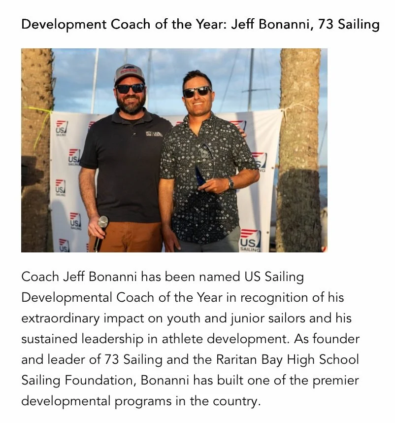 Congratulations to Coach Jeff Bonanni (Little Silver) on being named US Sailing Development Coach of the Year! 🏆⛵️
 
As founder and leader of NJ-based 73 Sailing and the Raritan Bay High School Sailing Foundation, Jeff has built one of the premier d