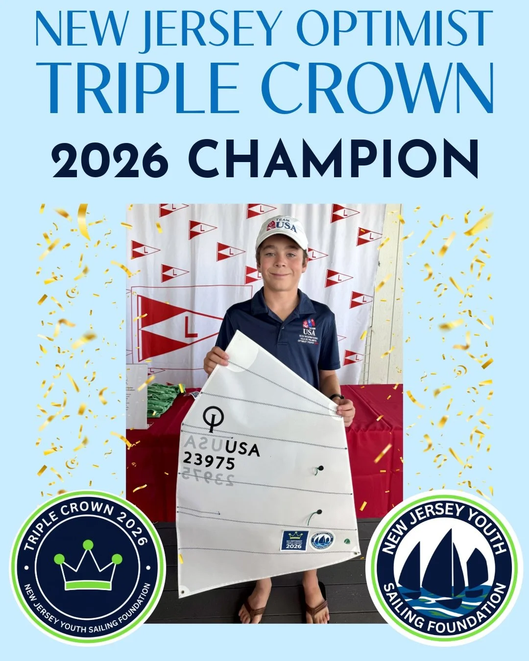 🏆 NJ OPTIMIST TRIPLE CROWN 2026 CHAMPION 🏆
 
What a summer of racing! Over the past two months, three major USODA regattas brought 400+ young sailors from across the country together for eight days of racing on the Barnegat Bay, Toms River, and Lit