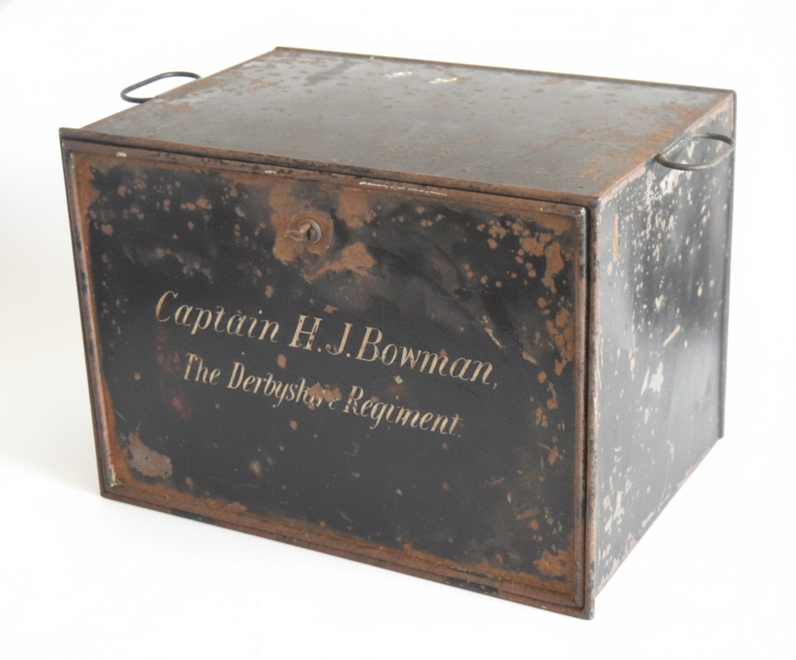 19th Century officers Campaign tin trunk named to Captain Henry James Bowman, Derbyshire Regiment