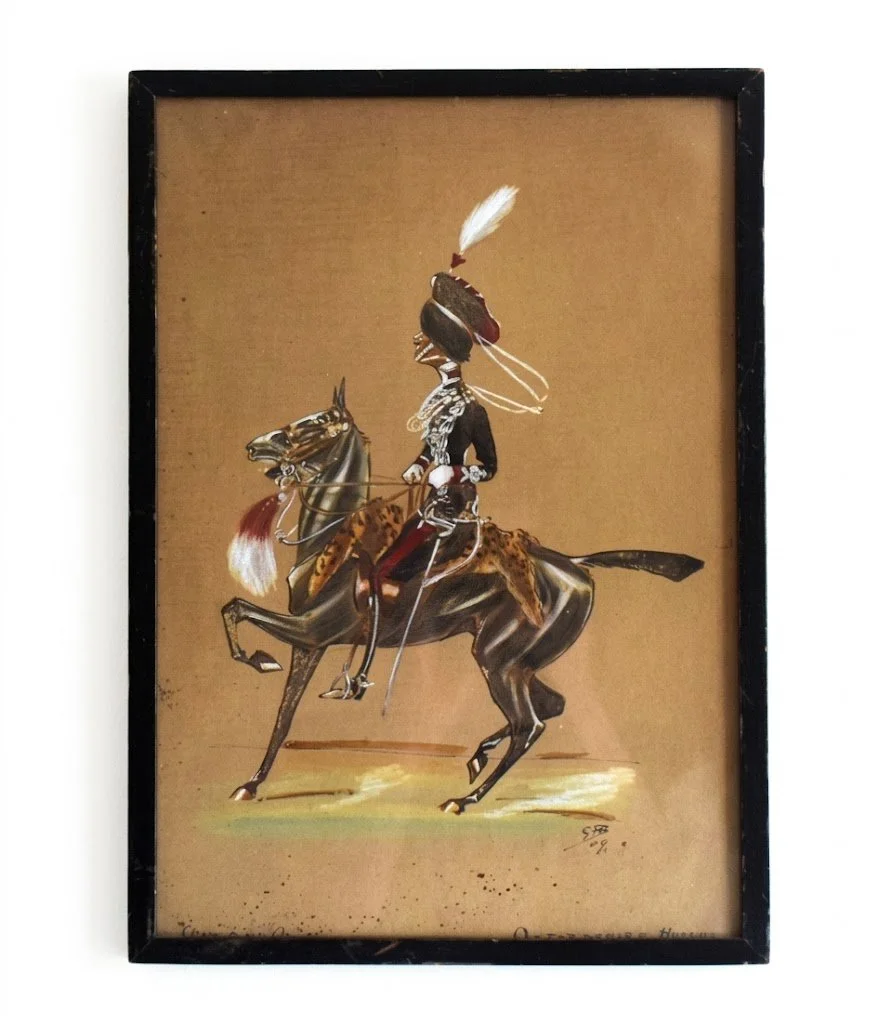 Early 20th century military caricature of an officer from the Queens Own Oxfordshire Hussars by G H Brennan