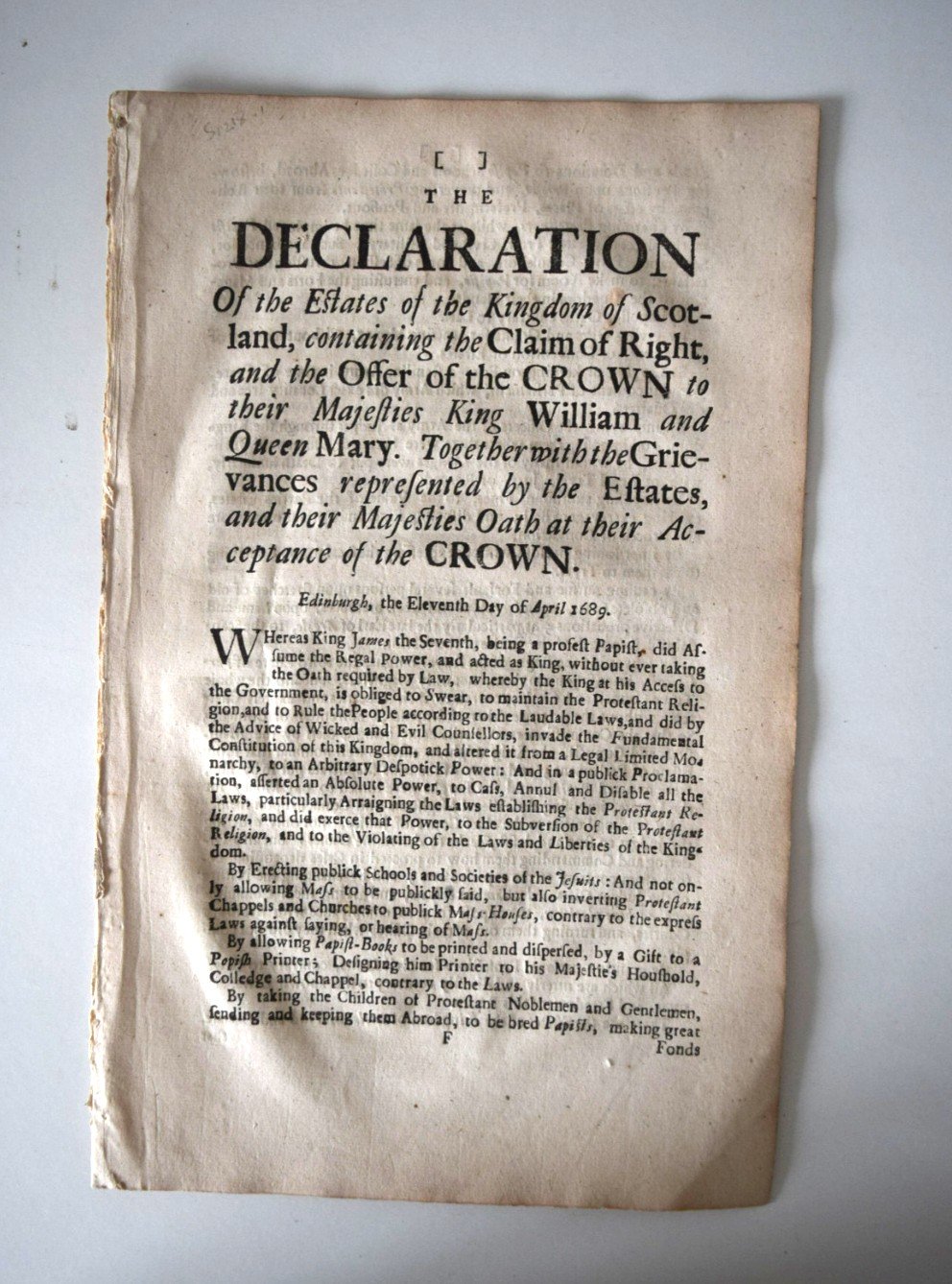 17th Century, Scotland Claim of Right Declaration, 1689