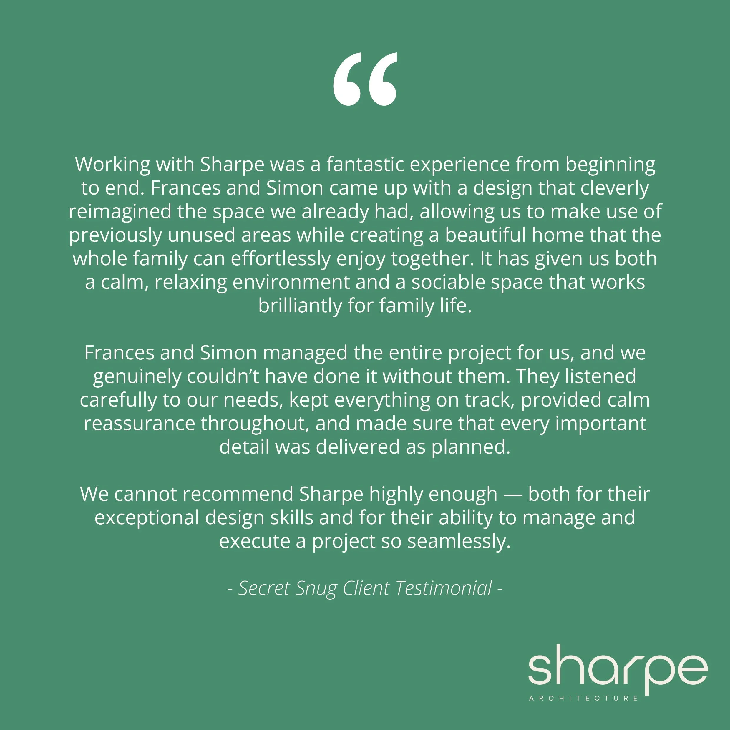 Some kind words from the lovely clients of our recently completed &acute;secret snug' project ❤️

Read more about the project on our website (link in bio).

#clienttestimonial #clienttestimonials #architecture #extension #refurbishment