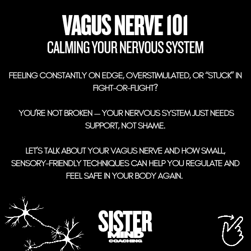 Text-based infographic about calming the vagus nerve, encouraging support and regulation for nervous system issues, with neural illustrations in the bottom left corner.