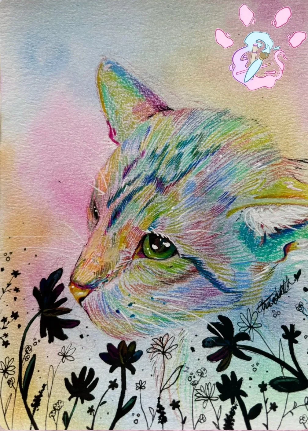 Colorful, artistic illustration of a cat with green eyes, surrounded by black and white doodle flowers and plants. The background has a soft pastel gradient, and there is a small illustrated cigarette and smoke in the top right corner.