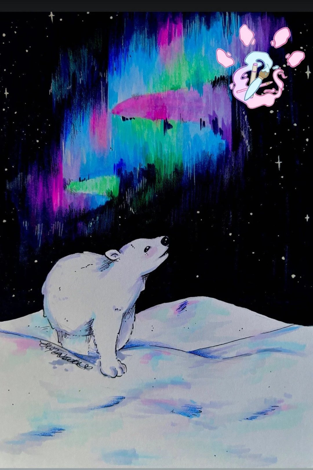 A watercolor illustration of a polar bear on snow, looking up at an aurora borealis in the night sky with a black background dotted with stars and a cartoon pink unicorn with a rainbow horn in the sky.