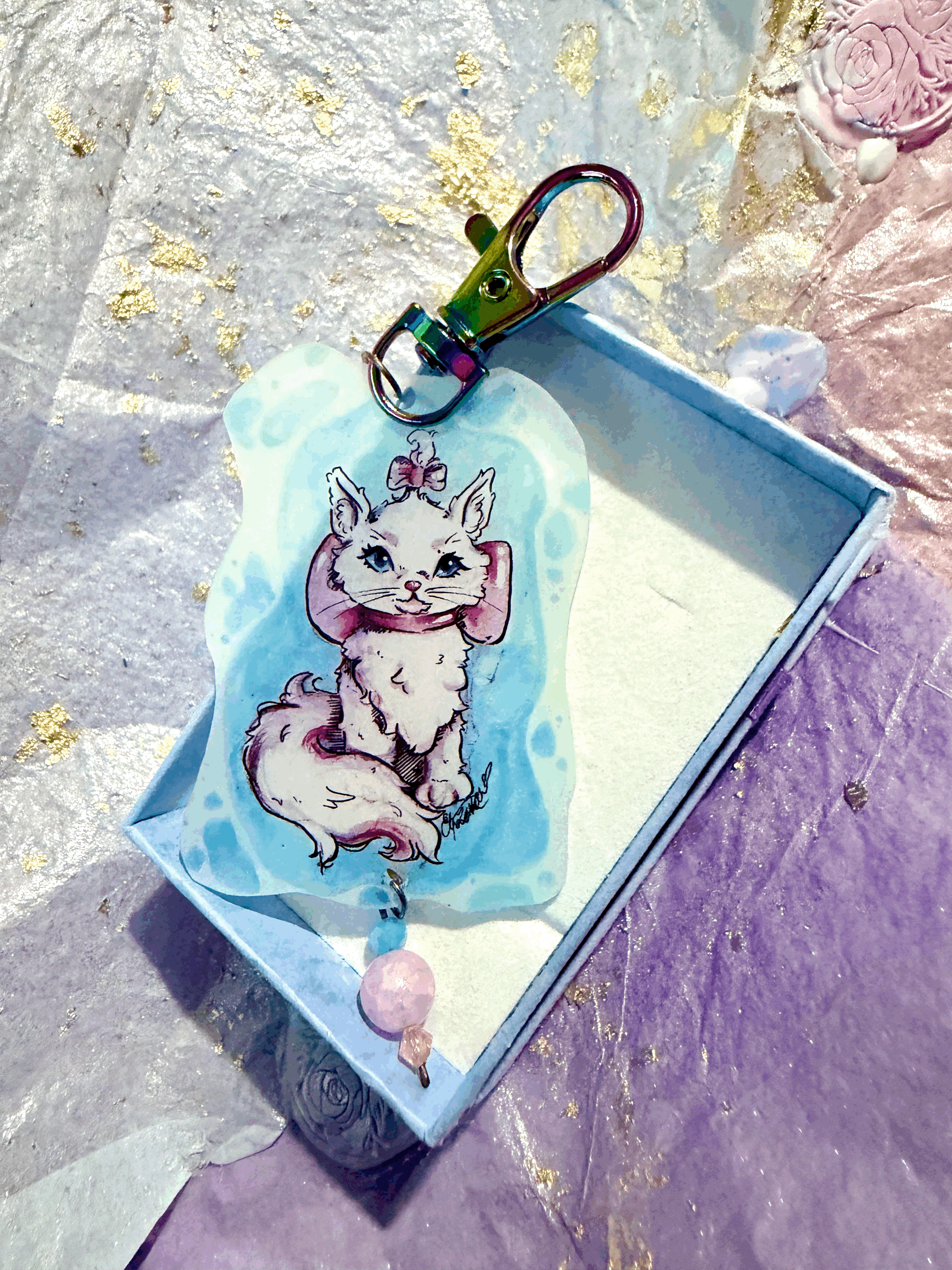 White Kitty Keyring