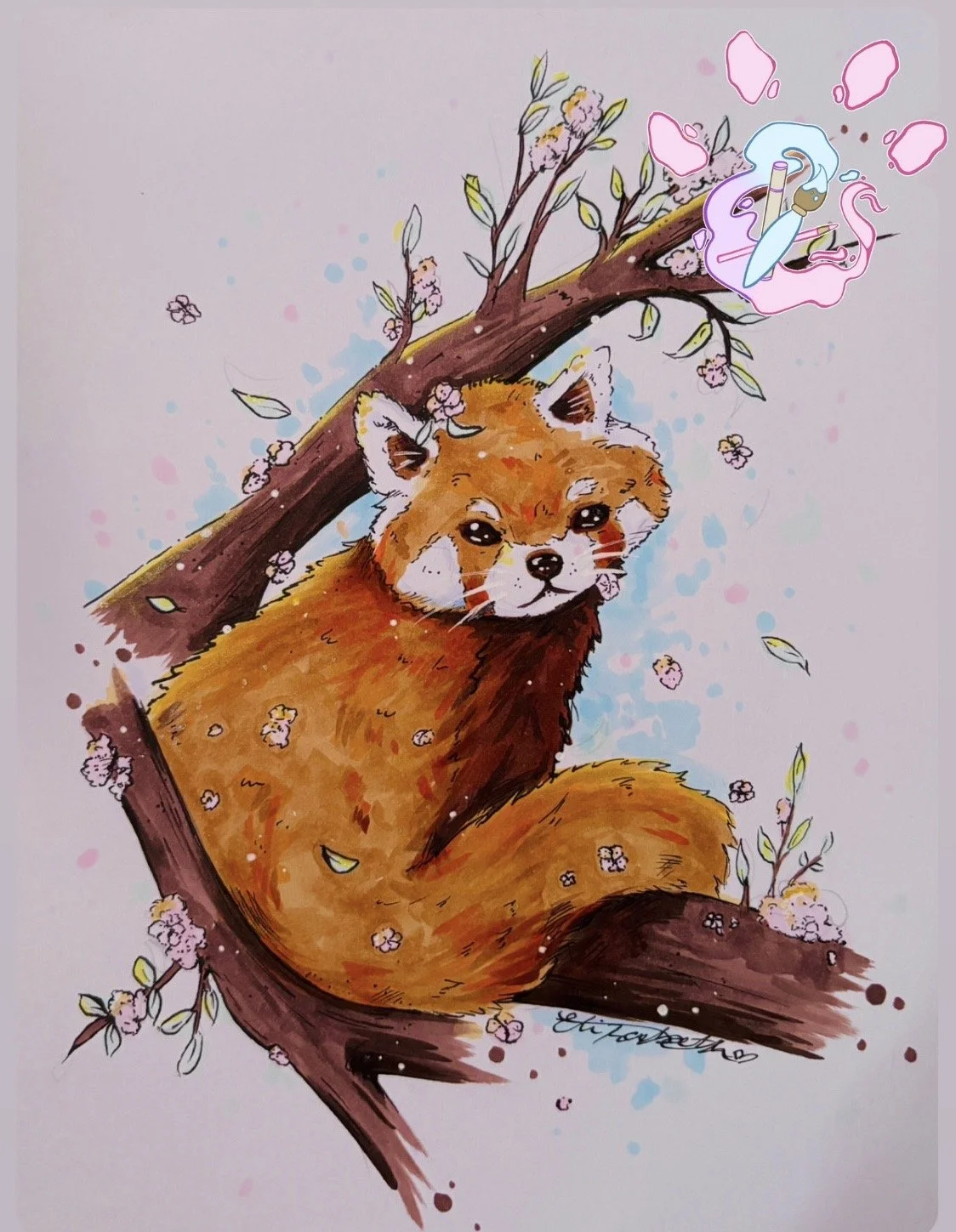 A watercolor illustration of a fox sitting on a tree branch surrounded by pink flowers and leaves, with a light blue and pink splattered background.