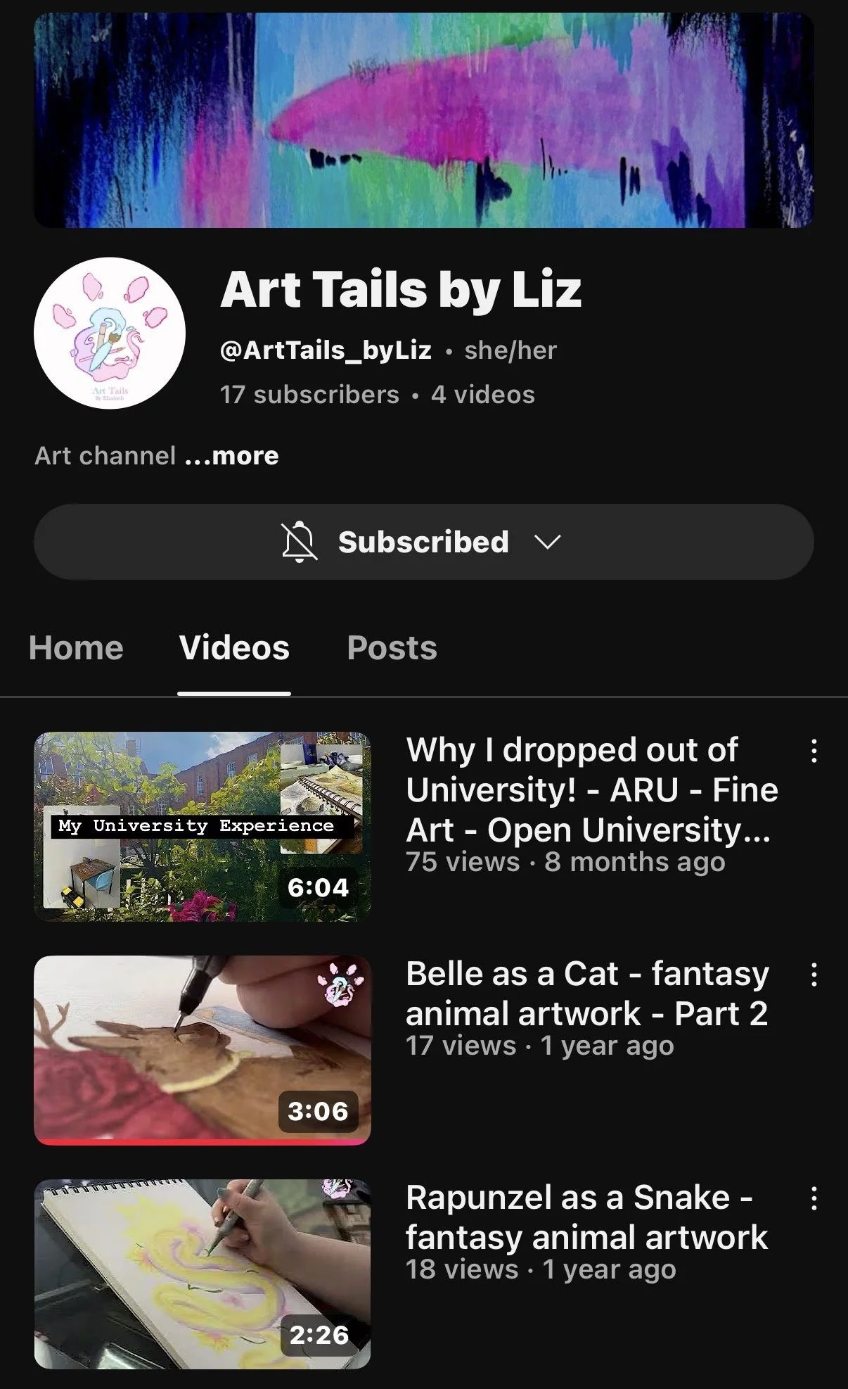 YouTube profile page for Art Tails by Liz, featuring a banner with colorful abstract artwork. The profile picture is a cartoon drawing of a pink flamingo with pastel colors and art supplies.