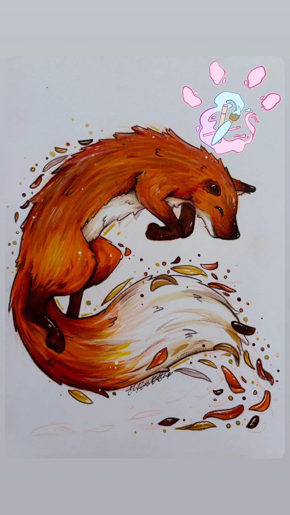A colorful drawing of a curled-up red fox with a bushy tail, surrounded by falling leaves and a cloud of swirled smoke with a cigarette and a pipe, indicating the fox is dreaming.