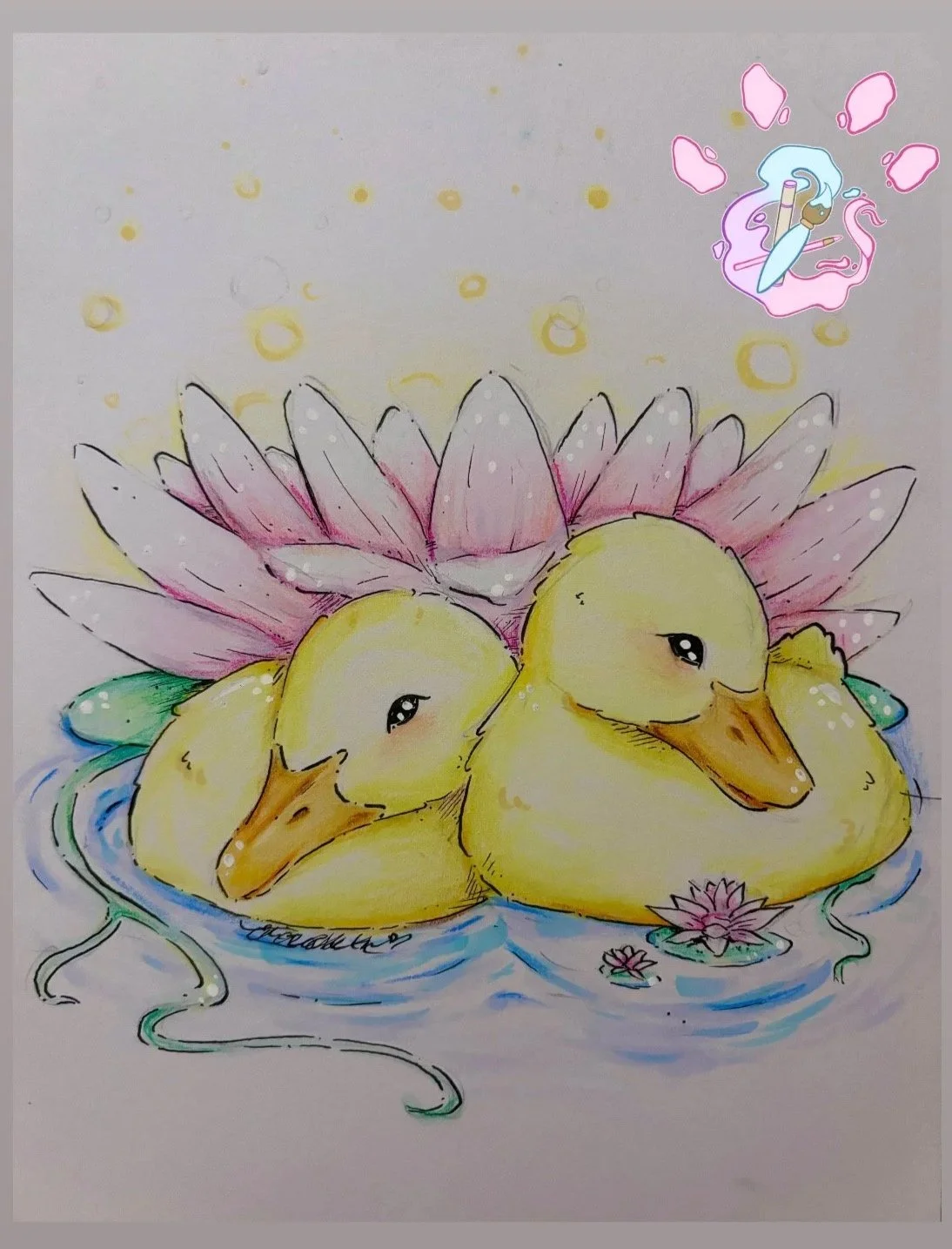 Drawing of two yellow ducklings resting on water with pink lotus flowers in the background.