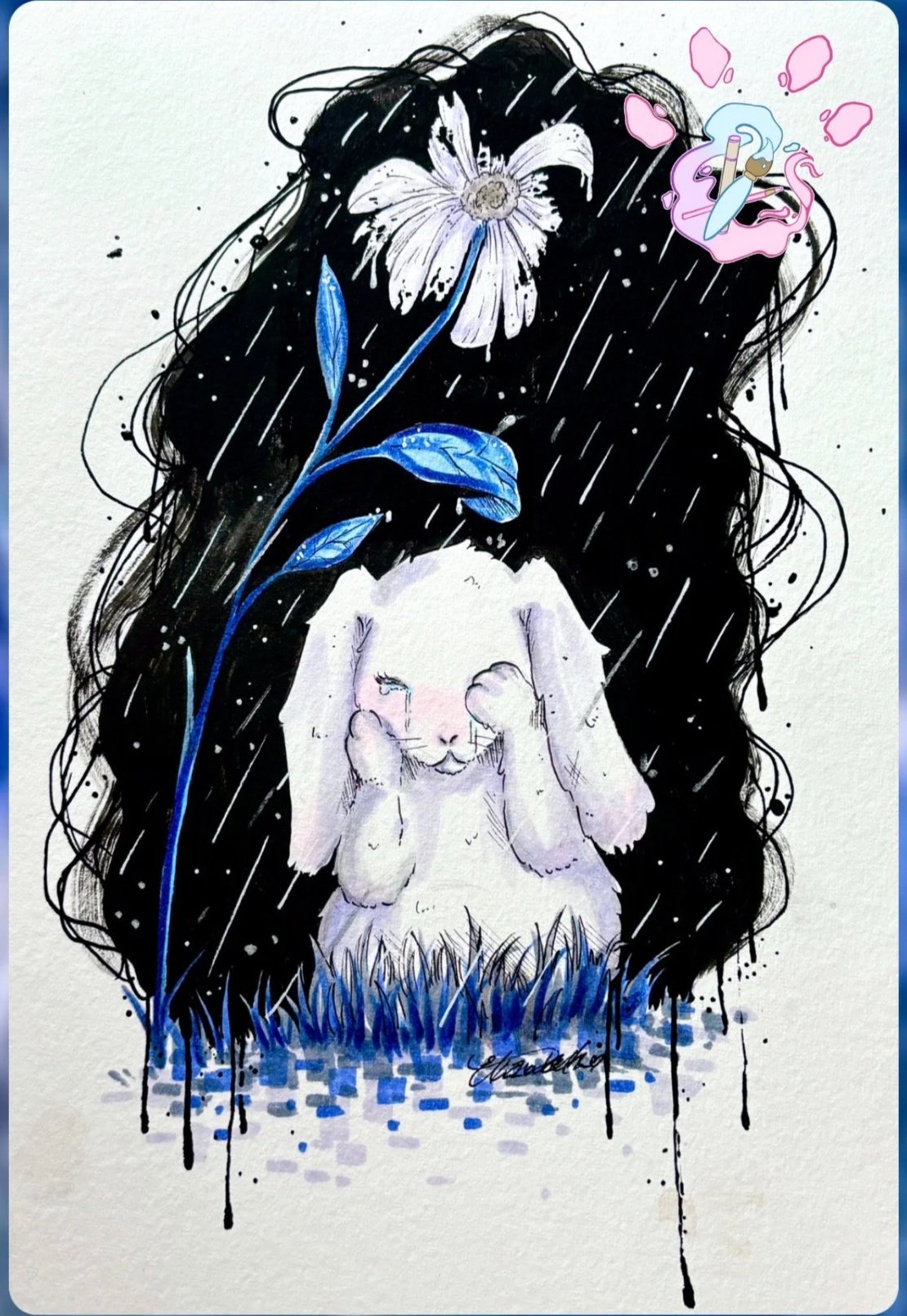 Watercolor painting of a white bunny covering its eyes with its paws, with rain falling around it, a large flower, and a paint palette with brushes in the background.