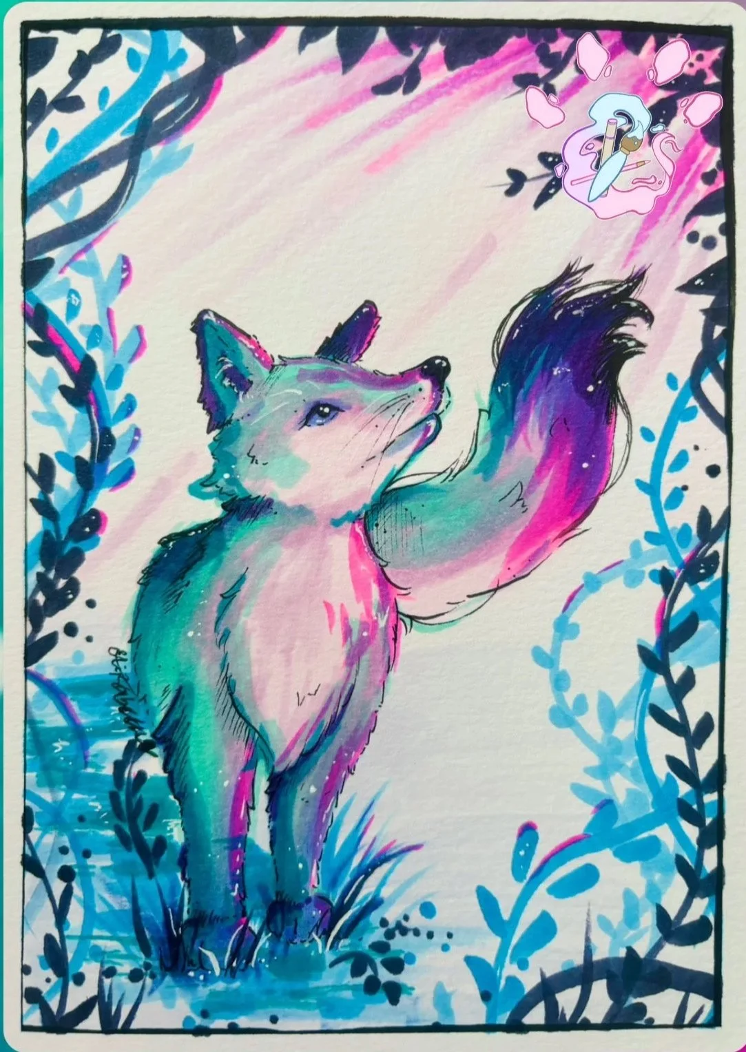 A colorful watercolor illustration of a fox in a whimsical, fantasy style, surrounded by blue foliage with a pink sky background, and a small fairy with pink wings flying above.