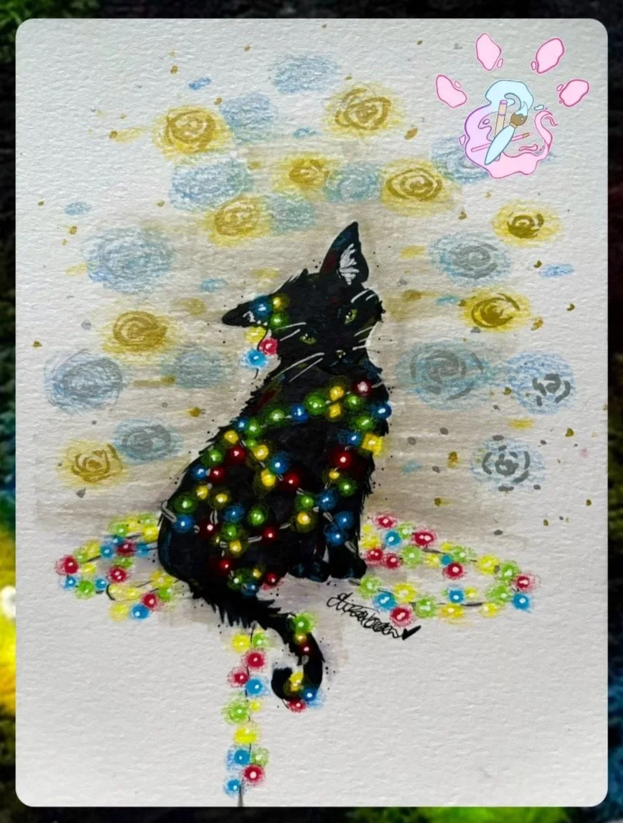 A black cat decorated with colorful Christmas lights on its fur, sitting against a background of gold and blue swirls, with a pink and white swirl design in the upper right corner.