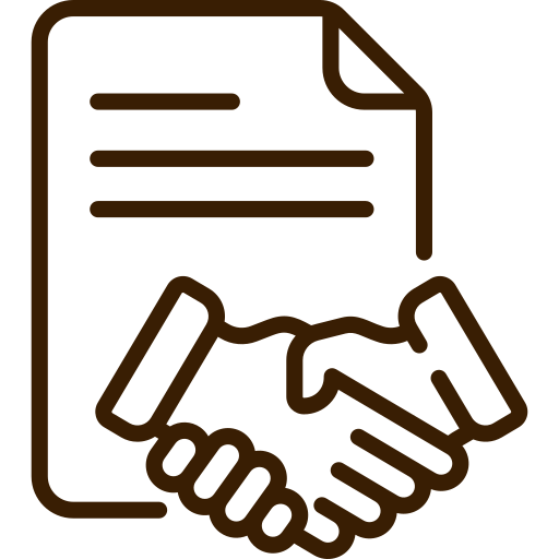 Icon of two hands shaking over a document, symbolizing agreement or contract.