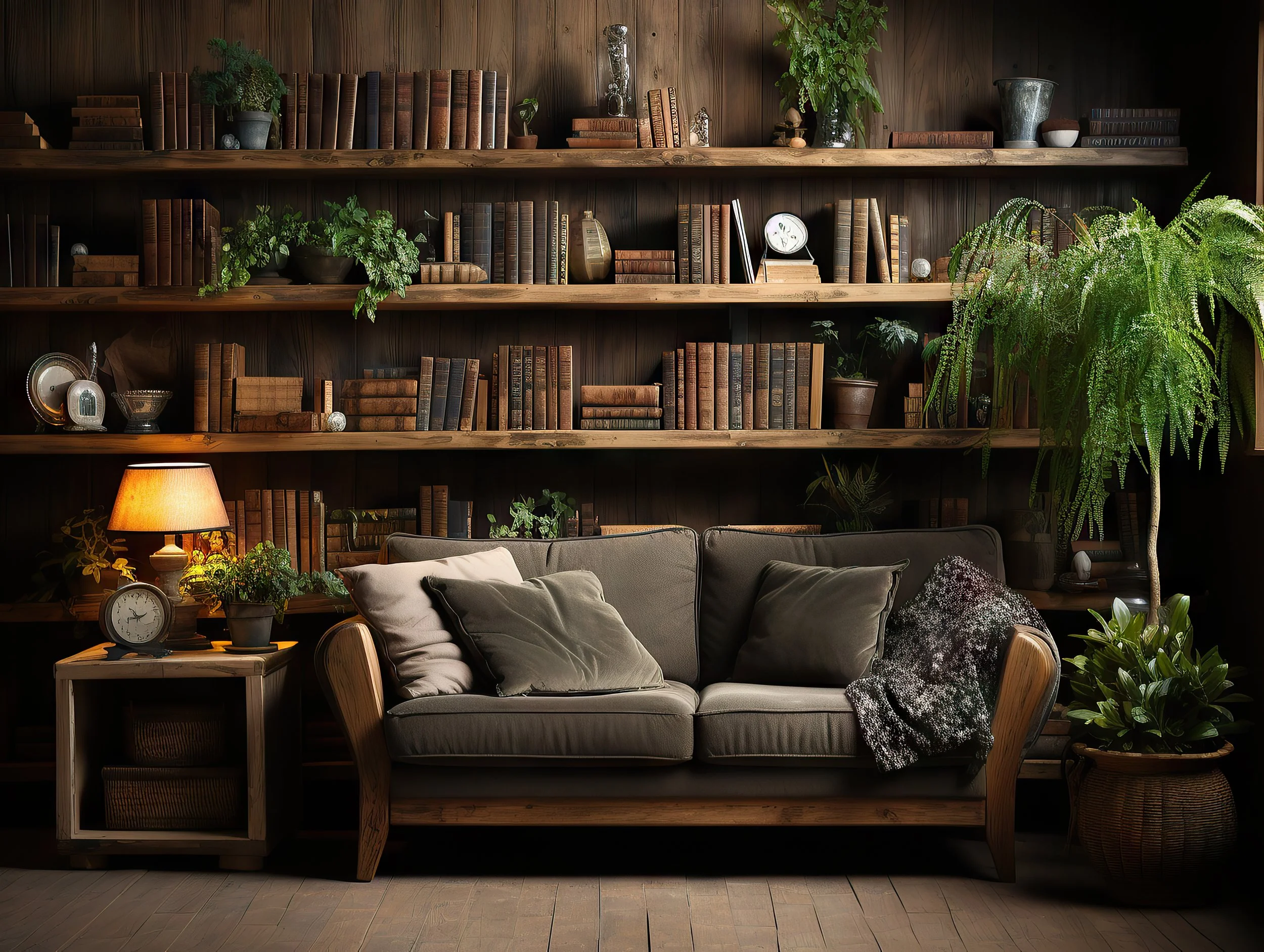 A cozy living room with a dark wooden bookshelf filled with books and decorative items, a beige sofa with pillows, a side table with a lamp, clocks, and plants, creating a warm and inviting atmosphere.