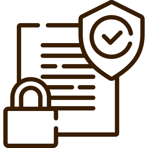 Icon of a document with a shield and checkmark, and a padlock, representing security or verified protection.