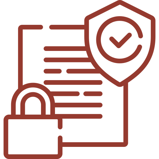 Icon of a document with a shield and checkmark, a lock, representing data protection or security.